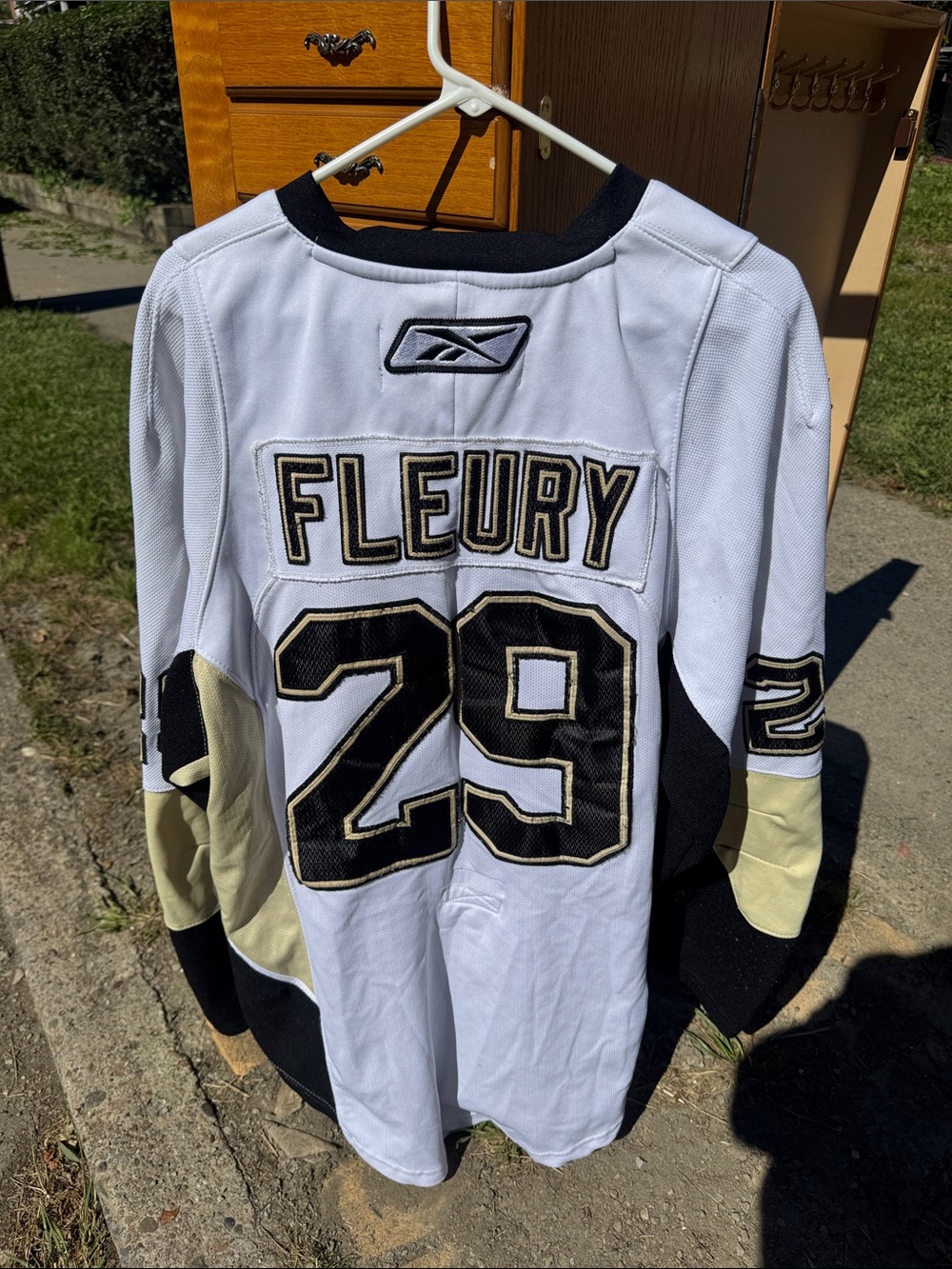 Reebok White Black and Cream Fleury #29 Hockey Jersey